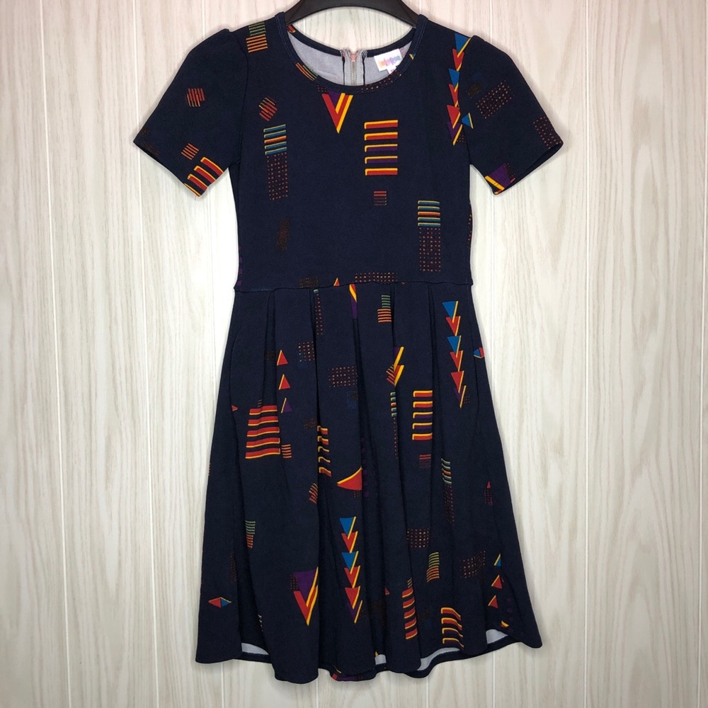 LulaRoe Amelia Navy Pleated Geometric Dress